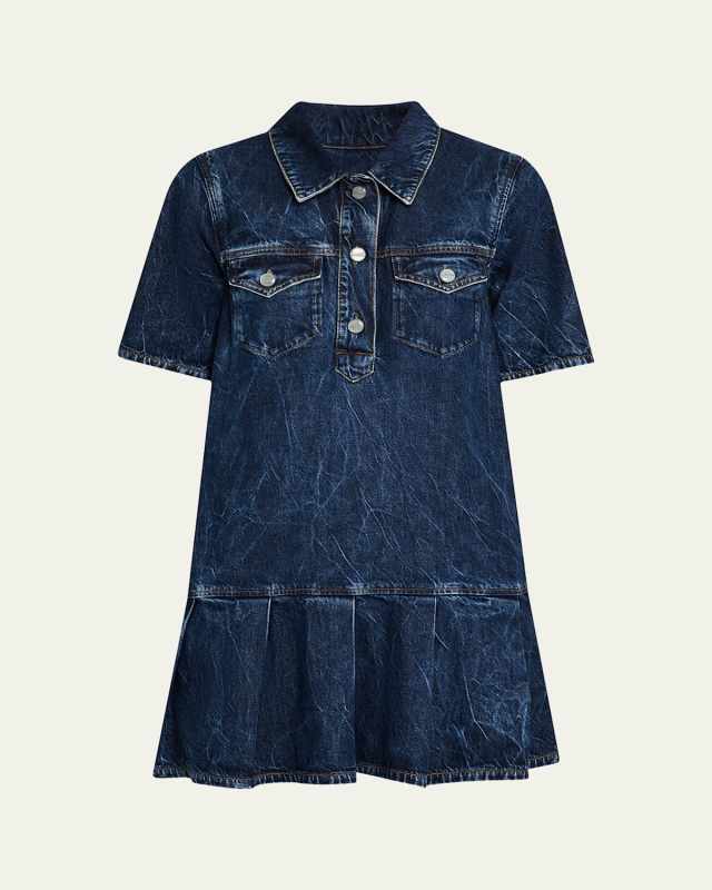 Short-Sleeve Crinkled Denim Mini Dress